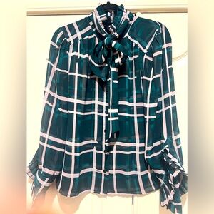 CAbi 3948 Cake Ruffle Blouse Green and Pink Plaid (Coquette Plaid)